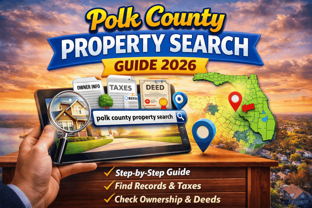 Polk County Property Search 2026 graphic showing a house, property icons, and a Florida map