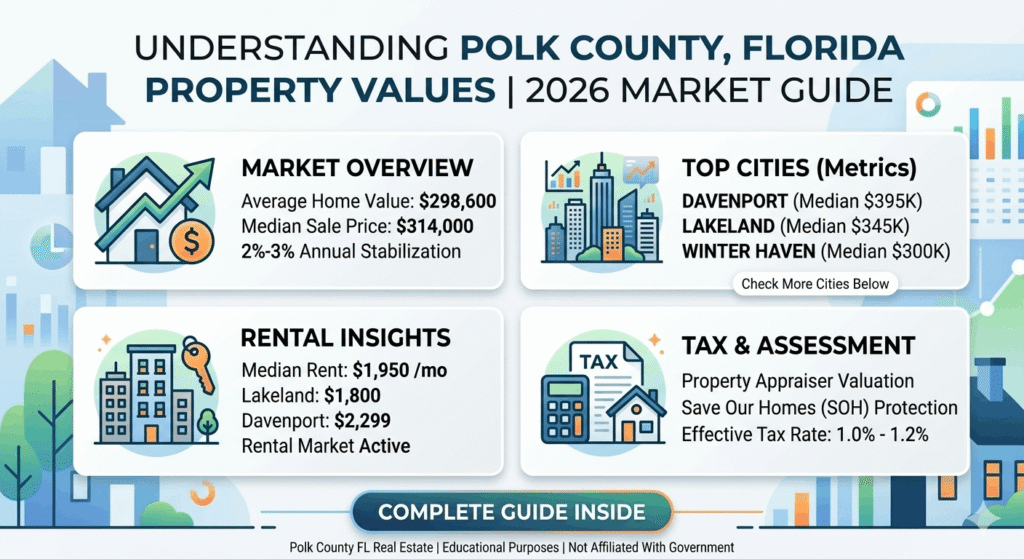 Infographic showing Polk County Florida property values, rental insights, city metrics, and property tax assessment details for 2026.