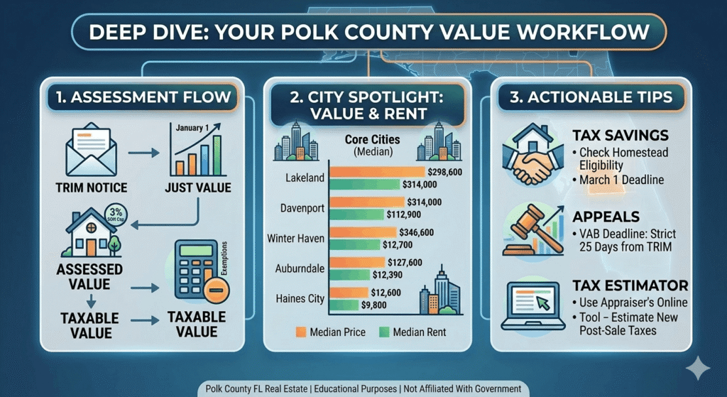 Infographic diagram detailing the Polk County FL property assessment flow (Market Value to Taxable Value), city-by-city value and rent comparison chart, and actionable tips for tax savings and appeals