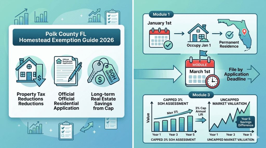 Featured graphic dashboard outlining the Polk County Florida Homestead Exemption guidelines, documentation requirements, and deadlines for 2026 property tax savings.