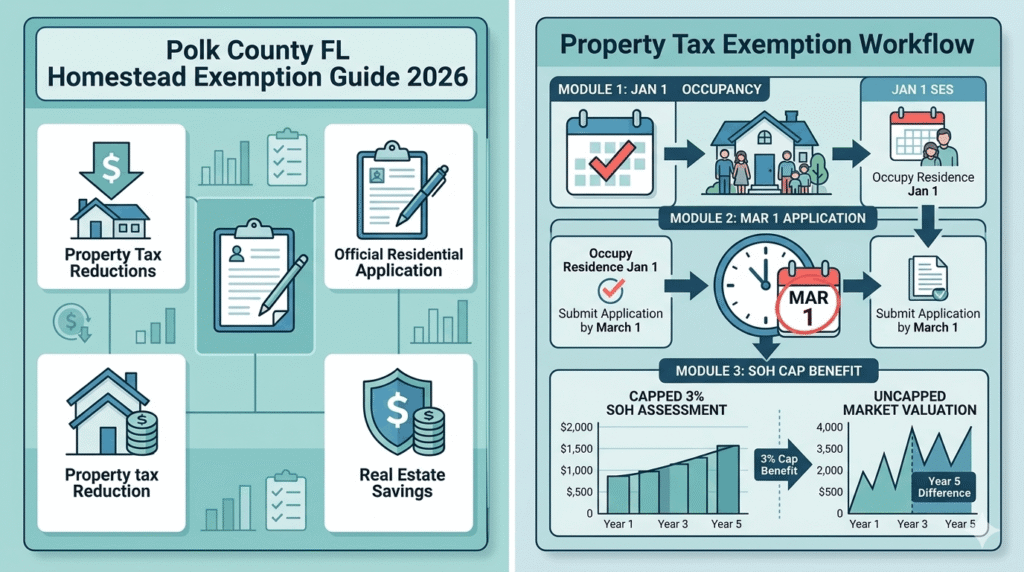 Step-by-step visual workflow chart detailing the timeline for Polk County homestead applications, March 1st statutory deadline, and Save Our Homes 3 percent valuation cap breakdown.