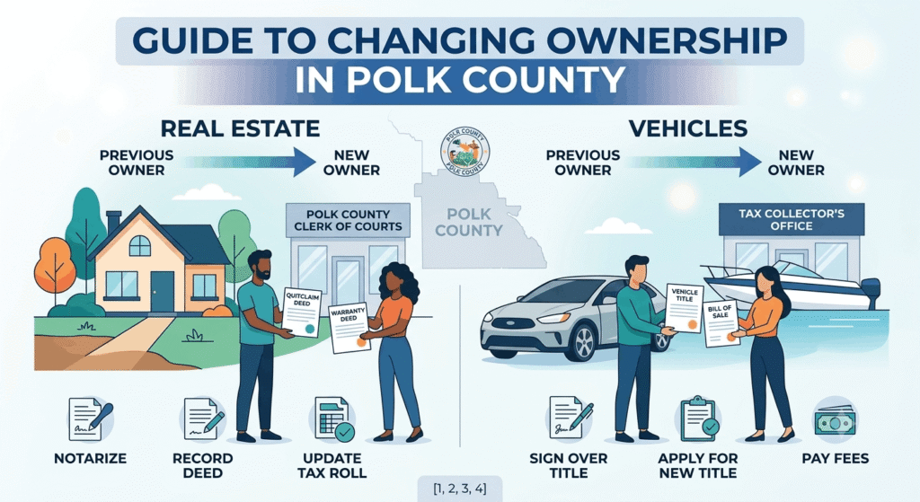 Infographic guide for changing ownership in Polk County, showing real estate deed transfers (left) and vehicle title transfers (right) with step-by-step icons.